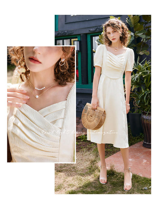 欧芮儿方领连衣裙女夏季2022新款收腰法式气质提花垂感a字大摆裙 商品图2