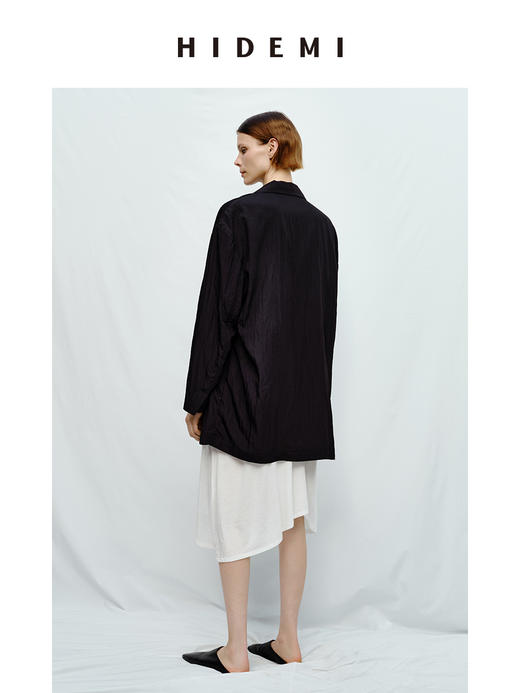HIDEMI 清透艺术感微褶皱双排扣超薄西装外套 黄油色/黑色 商品图3
