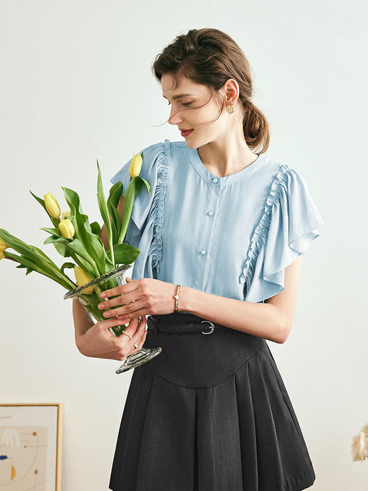 OLrain欧芮儿法式蓝色蕾丝雪纺衫女夏季2023年新款荷叶边薄款小衫 商品图1