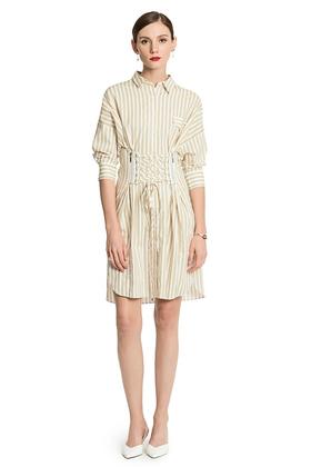 MIGAINO曼娅奴 黄色条纹复古系带衬衫裙 2804