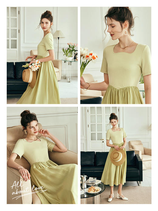 OLrain欧芮儿法式黄绿色连衣裙女夏季2023新款收腰针织拼接薄裙子 商品图1