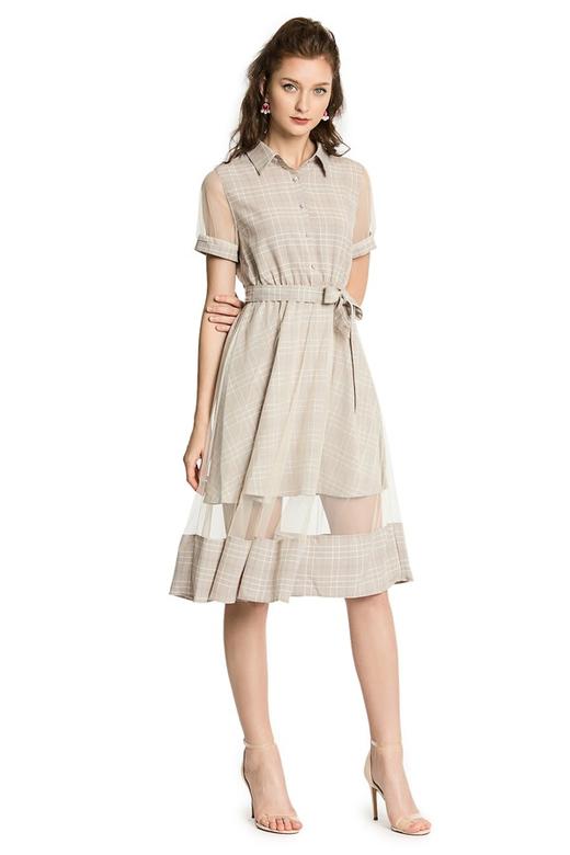 ZVY 杏色网格拼接连衣裙 2918 商品图4