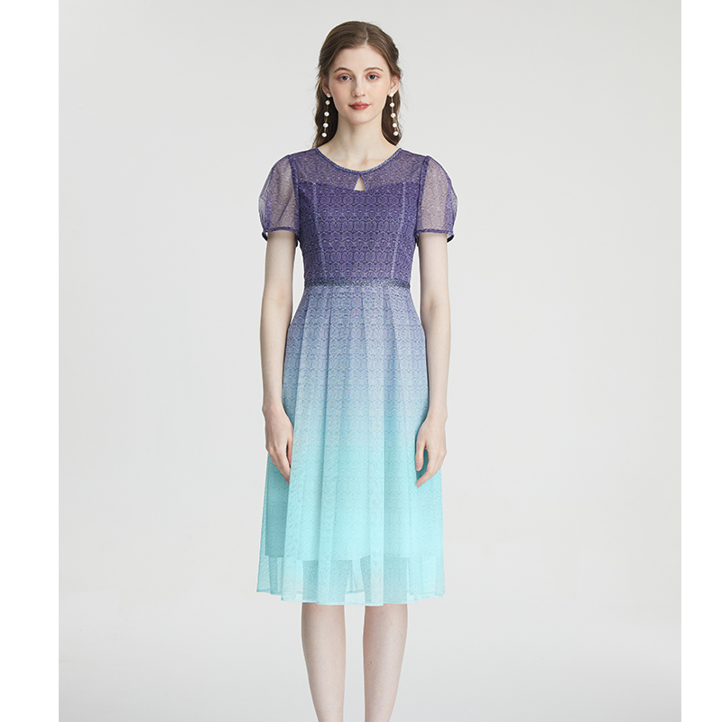 司歌渐变V领短袖连衣裙A871109