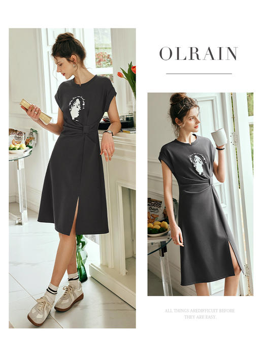 OLrain欧芮儿法式灰色针织连衣裙女夏季2023新款收腰肌理感开叉裙 商品图0
