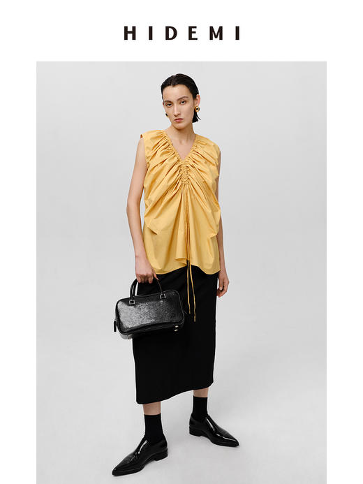 HIDEMI 抽绳立体褶皱设计感前后两穿式连衣裙上衣 阳光橙/黑色 商品图2