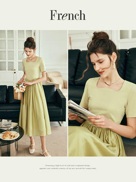 OLrain欧芮儿法式黄绿色连衣裙女夏季2023新款收腰针织拼接薄裙子