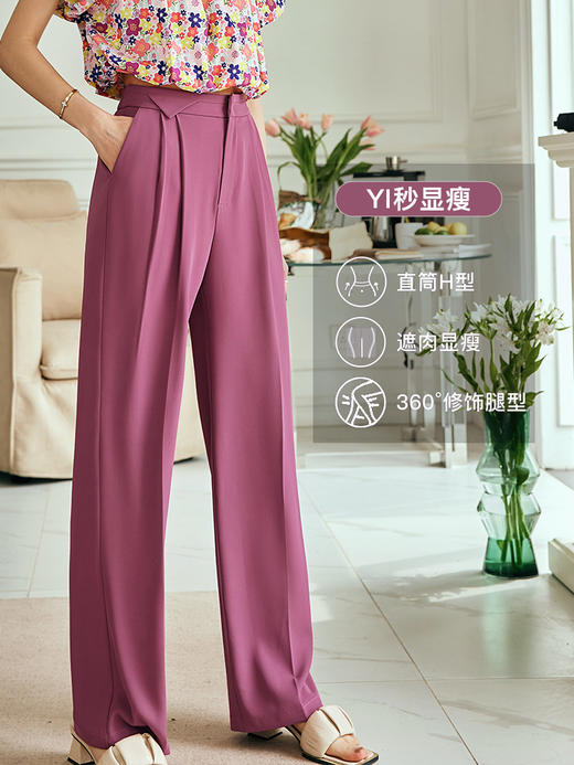 OLrain欧芮儿法式树莓粉休闲裤女夏季2023新款高腰直筒阔腿薄款裤 商品图0