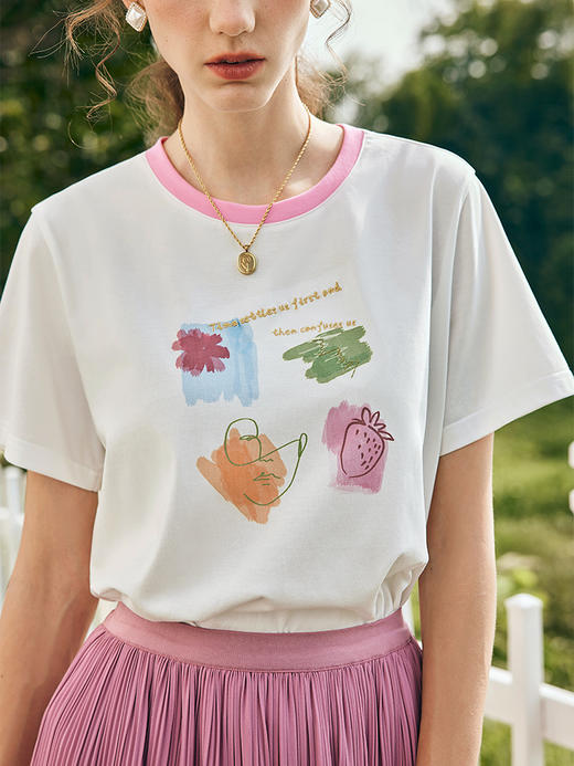 OLrain欧芮儿法式米白色短袖T恤女春季2023新款宽松印花休闲上衣 商品图1