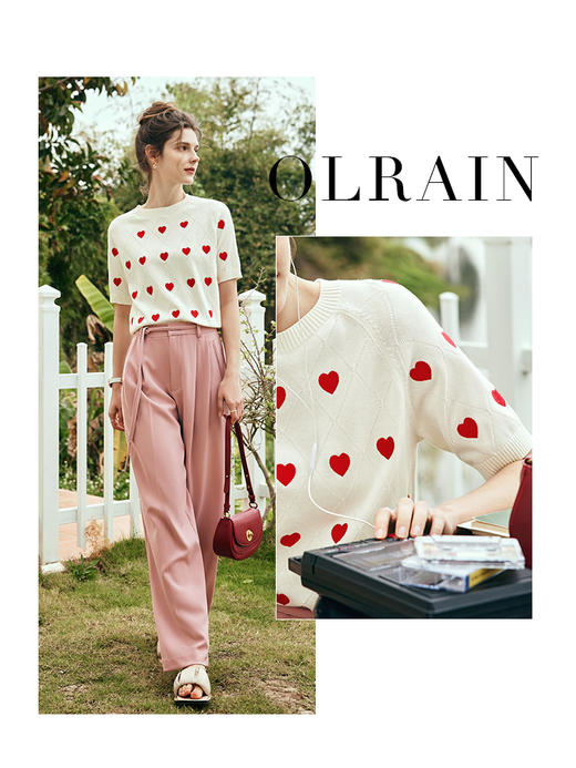 OLrain欧芮儿法式米白色菱格针织衫女夏季2023新款爱心刺绣套头衫 商品图0