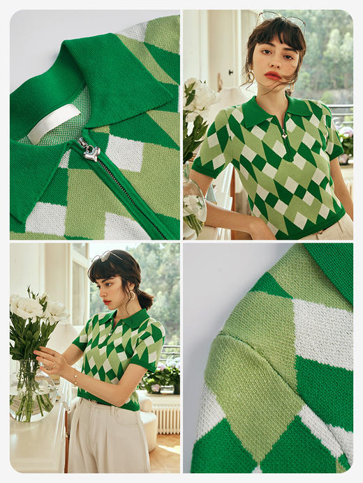 OLrain欧芮儿法式polo领针织衫女春季2023年新款修身几何拼色上衣 商品图2