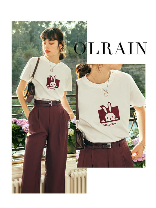 OLrain欧芮儿法式白色短袖T恤女夏季2023年新款宽松兔子印花上衣 商品图0