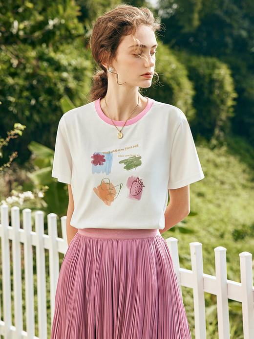 OLrain欧芮儿法式米白色短袖T恤女春季2023新款宽松印花休闲上衣 商品图2