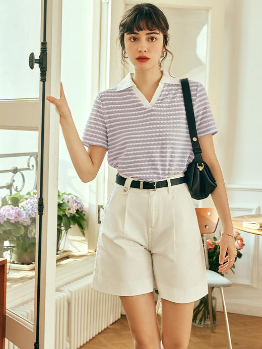 OLrain欧芮儿法式polo领条纹针织衫女夏季2023新款宽松撞色套头衫 商品图1