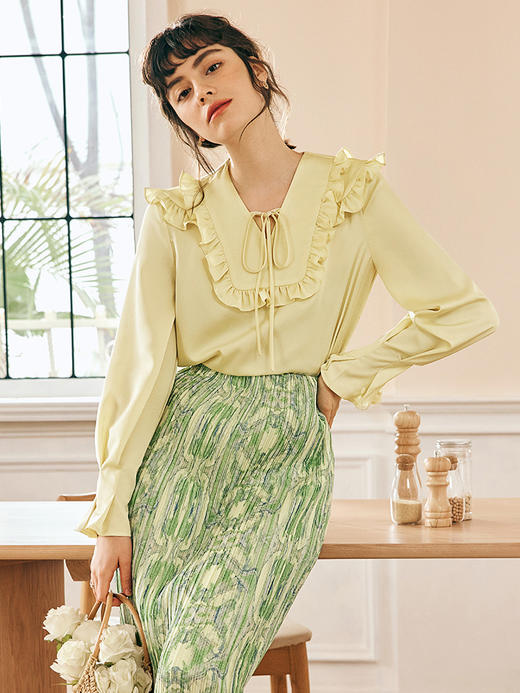 OLrain欧芮儿法式黄色雪纺蕾丝衫女春季2023年新款荷叶边缎面小衫 商品图0