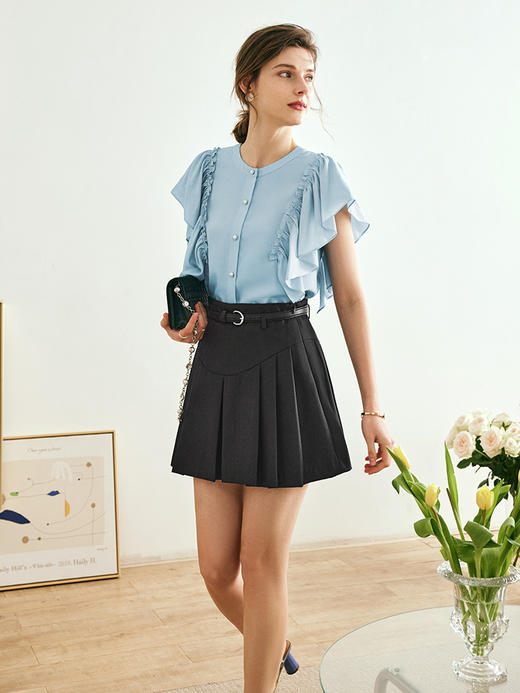 OLrain欧芮儿法式蓝色蕾丝雪纺衫女夏季2023年新款荷叶边薄款小衫 商品图3