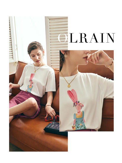 OLrain欧芮儿法式米白色短袖T恤女夏季2023新款宽松钉珠印花上衣 商品图1