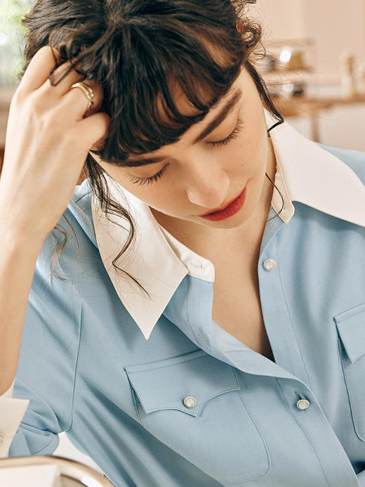 OLrain欧芮儿法式蓝色衬衫女春季2023新款宽松气质设计感撞色衬衣 商品图1