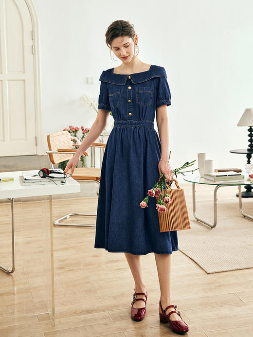 OLrain欧芮儿法式方领牛仔连衣裙女夏季2023新款收腰复古港风裙子 商品图3