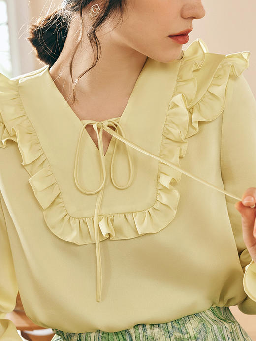 OLrain欧芮儿法式黄色雪纺蕾丝衫女春季2023年新款荷叶边缎面小衫 商品图1