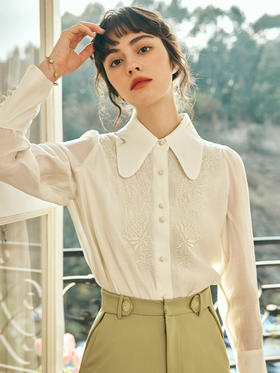 OLrain欧芮儿法式杏黄色蕾丝雪纺衫女春季2023年新款气质刺绣衬衣