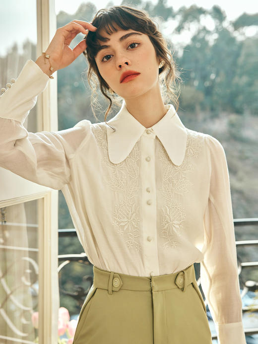 OLrain欧芮儿法式杏黄色蕾丝雪纺衫女春季2023年新款气质刺绣衬衣 商品图0