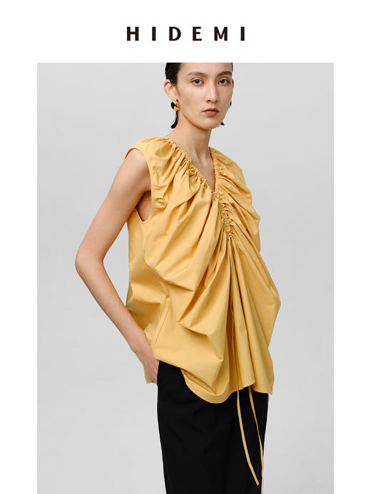 HIDEMI 抽绳立体褶皱设计感前后两穿式连衣裙上衣 阳光橙/黑色 商品图10