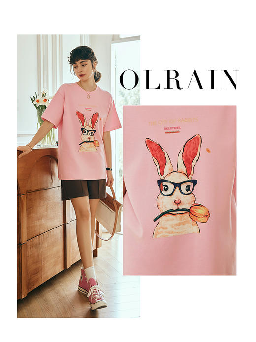 OLrain欧芮儿法式粉色短袖T恤女夏季2023年新款宽松兔子印花上衣 商品图0