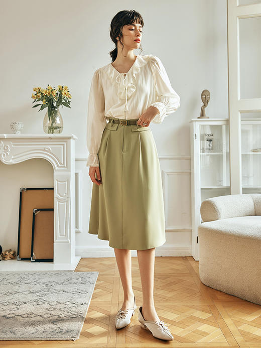 OLrain欧芮儿法式绿色半身裙女夏季2023新款高腰A字垂感中长款裙 商品图2