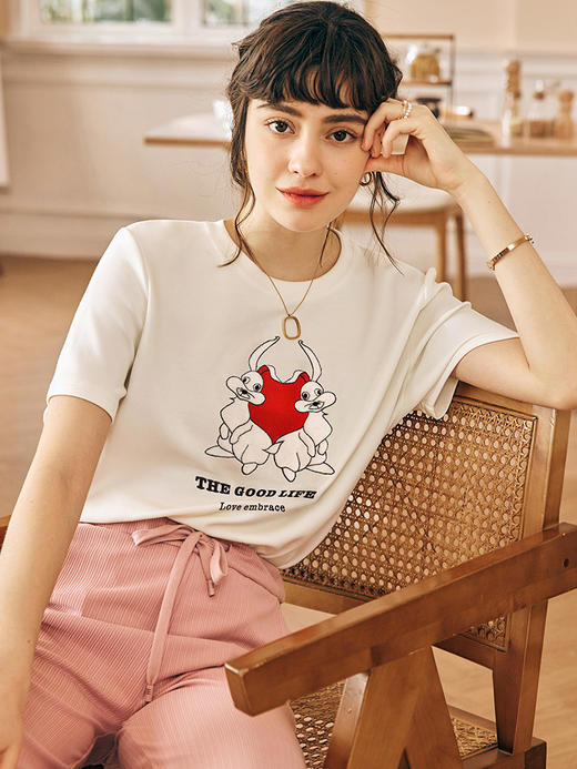 OLrain欧芮儿法式短袖T恤女夏季2023年新款重工刺绣撞色正肩上衣 商品图2