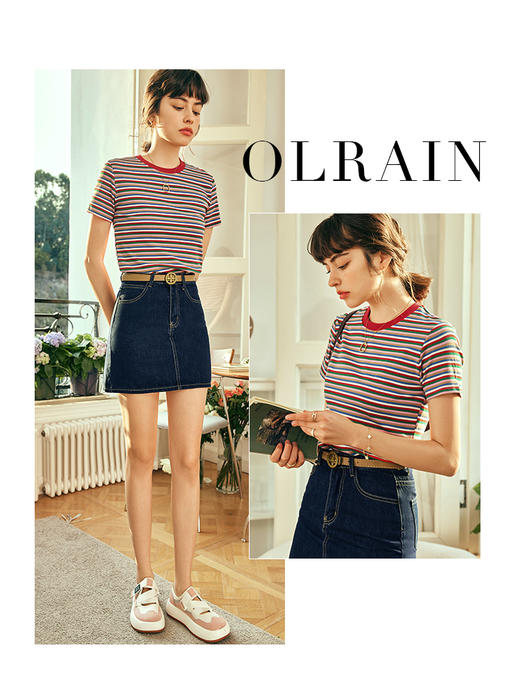 OLrain欧芮儿法式条纹短袖t恤女夏季2023年新款修身撞色套头上衣 商品图0