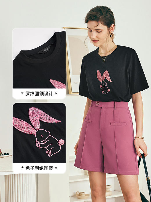 OLrain欧芮儿法式黑色短袖T恤女夏季2023年新款宽松珠片刺绣上衣 商品图1