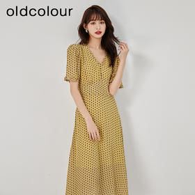 oldcolour2023夏季新款高级感气质V领泡泡袖高腰碎花裙O21101182