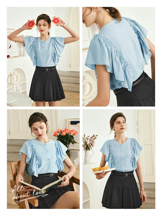 OLrain欧芮儿法式蓝色蕾丝雪纺衫女夏季2023年新款荷叶边薄款小衫 商品图2