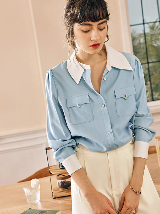 OLrain欧芮儿法式蓝色衬衫女春季2023新款宽松气质设计感撞色衬衣 商品图0