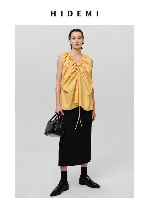 HIDEMI 抽绳立体褶皱设计感前后两穿式连衣裙上衣 阳光橙/黑色 商品图0