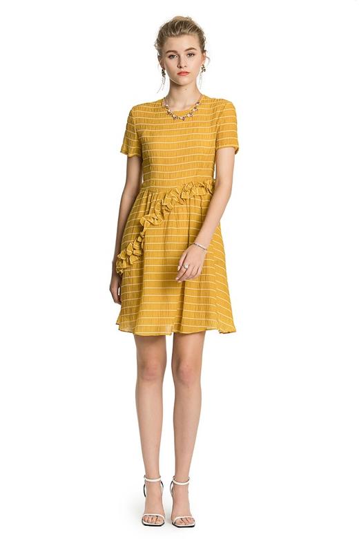 YI ZHUO一琢 黄色木耳边饰收腰连衣裙 2663 商品图0