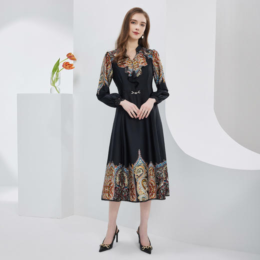 NF8D9斯尔丽瑟俪2023春夏波西米亚风定位花收腰大摆长裙荷叶领连衣裙 商品图3