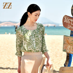 夏季新款 桑蚕丝真丝乔其印花荷叶领法式衬衫E32CS45