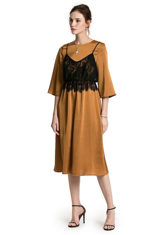 YI ZHUO一琢 光泽感蕾丝吊带假两件连衣裙 2590 商品图0