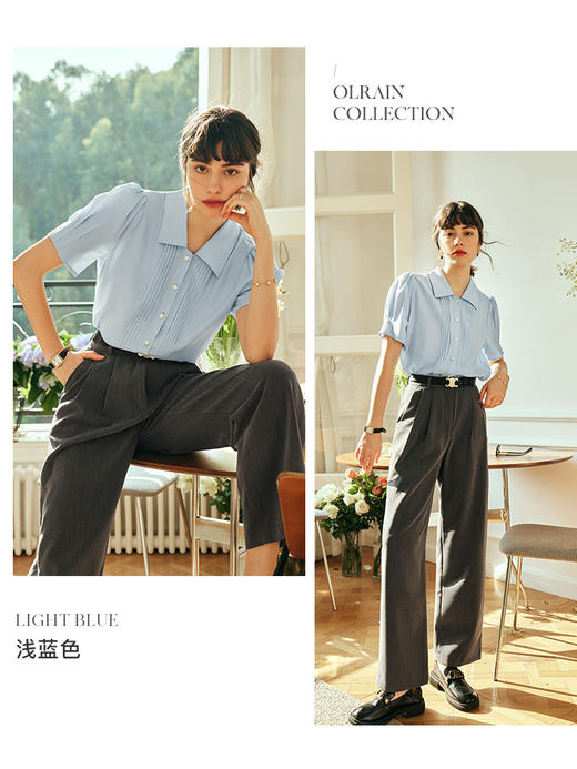 OLrain欧芮儿法式浅蓝色衬衫女春季2023新款宽松气质薄款短袖衬衣 商品图2