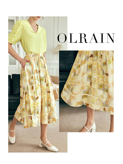 OLrain欧芮儿法式碎花半身裙女夏季2023新款高腰拼接镂空A字摆裙 商品图0