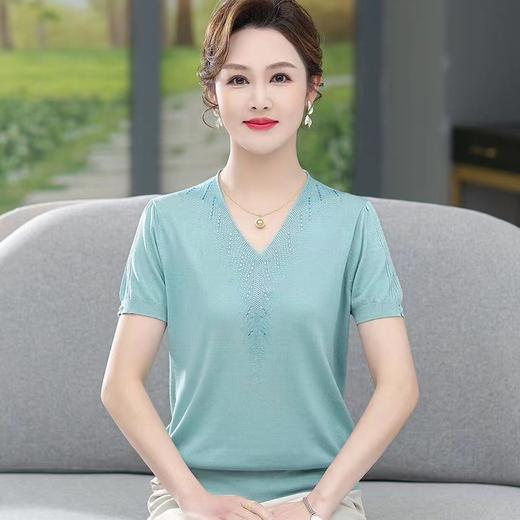 【à perles】妈妈装钉珠V领莱塞尔针织短袖【清仓，不退不换】 商品图1