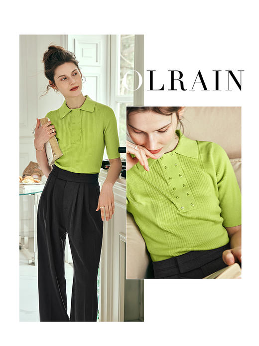 OLrain欧芮儿法式polo领短袖t恤女夏季2023年新款修身纯色套头衫 商品图0