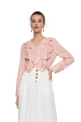 SUMMER & SAGE 荷叶边饰珊瑚色格纹上衣 7303