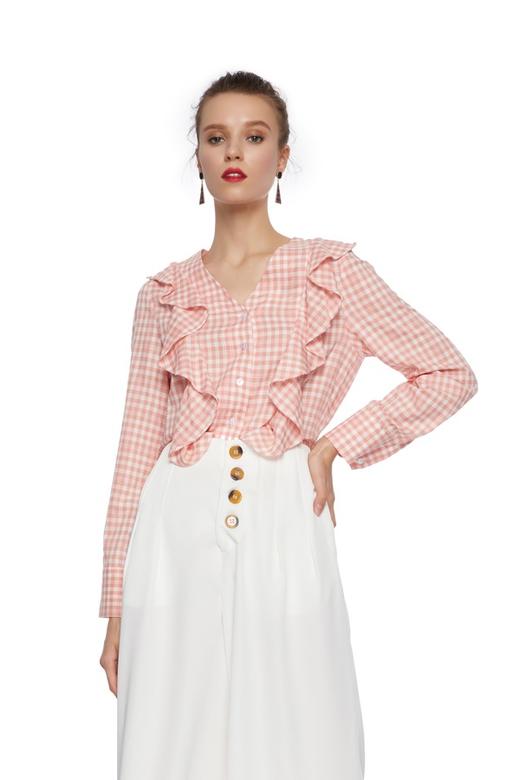 SUMMER & SAGE 荷叶边饰珊瑚色格纹上衣 7303 商品图0