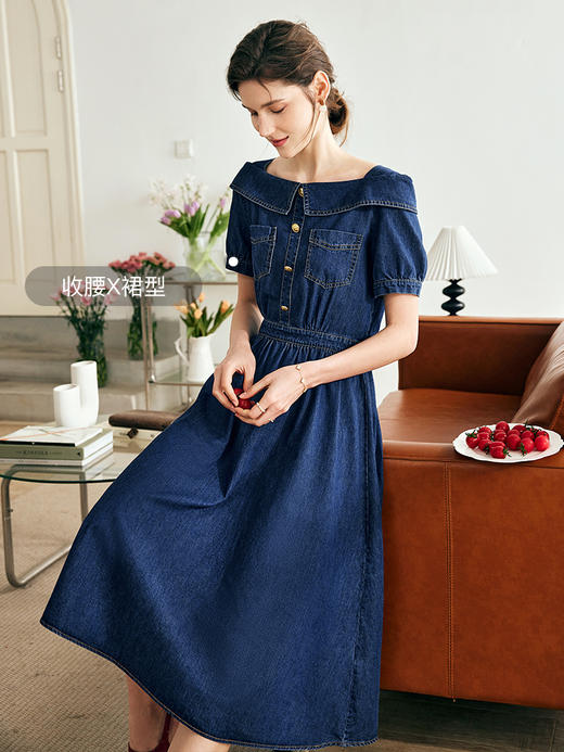 OLrain欧芮儿法式方领牛仔连衣裙女夏季2023新款收腰复古港风裙子 商品图0