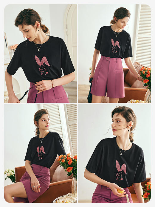 OLrain欧芮儿法式黑色短袖T恤女夏季2023年新款宽松珠片刺绣上衣 商品图2