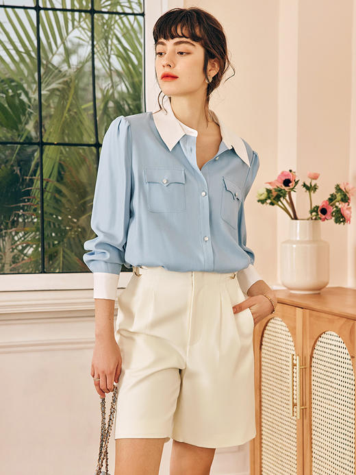 OLrain欧芮儿法式蓝色衬衫女春季2023新款宽松气质设计感撞色衬衣 商品图3