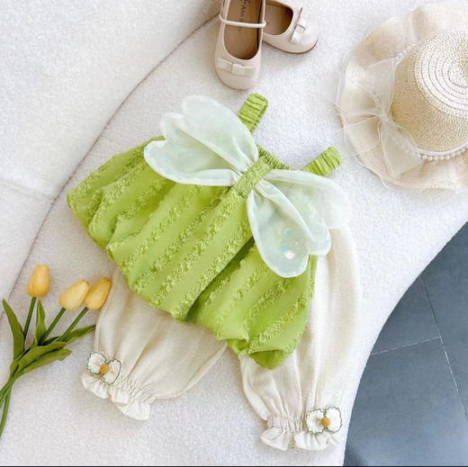 女宝宝夏季绿色套装蝴蝶翅膀吊带+七分裤两件套新款时髦夏装粉色 商品图0