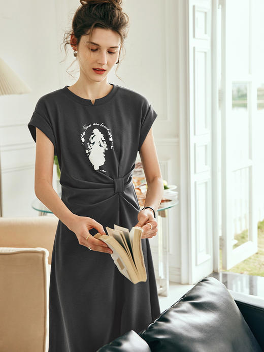 OLrain欧芮儿法式灰色针织连衣裙女夏季2023新款收腰肌理感开叉裙 商品图3